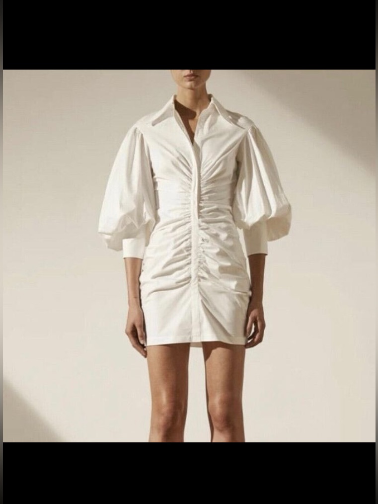 Nwt Shona Joy Grant Balloon Sleeve Ruched Mini Shirtdress In White